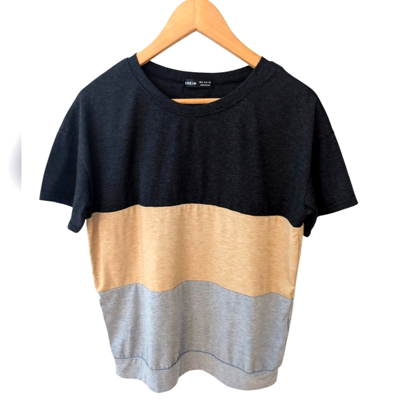 Shein Color Block T-Shirt in Black, Tan, and Gray Casual Size M - Picture 1 of 4